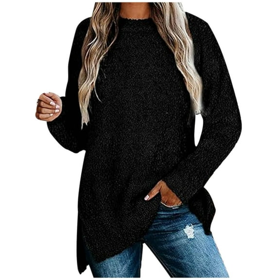 CQONEPT Sherpa Lined Pullover for Womens Thick Thermal Blouse Cozy Soft Tunic Tops Crewneck Fall Winter Long Sleeve Shirts Black M