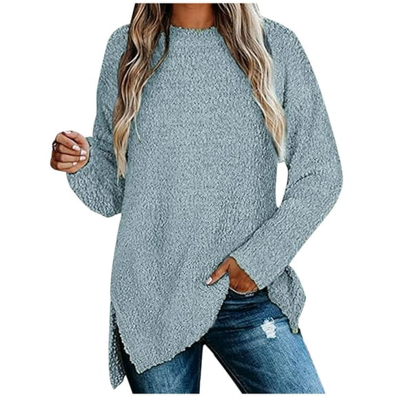 CQONEPT Sherpa Lined Pullover for Womens Thick Thermal Blouse Cozy Soft Tunic Tops Crewneck Fall Winter Long Sleeve Shirts Light Blue M