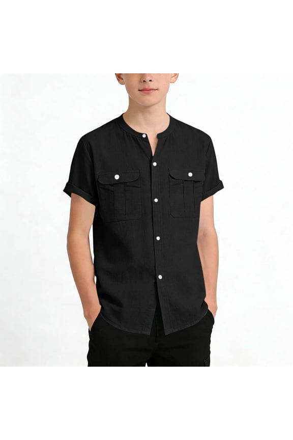 Short Sleeve Shirts for Boys Casual Cotton Summer Beach Button Down Kids Shirt Henley Tee Tops Black 12-13 Years