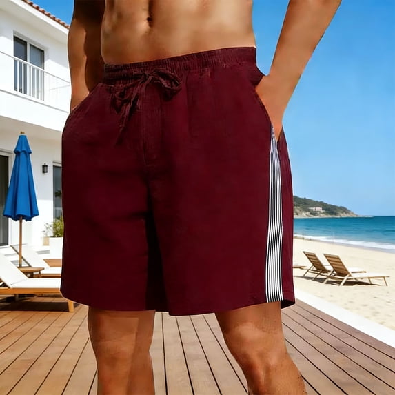 CQONEPT Shorts for Mens Elastic Waist Side Striped Drawstring Short Pants with Pockets Elastic Waist Short Pants Red L