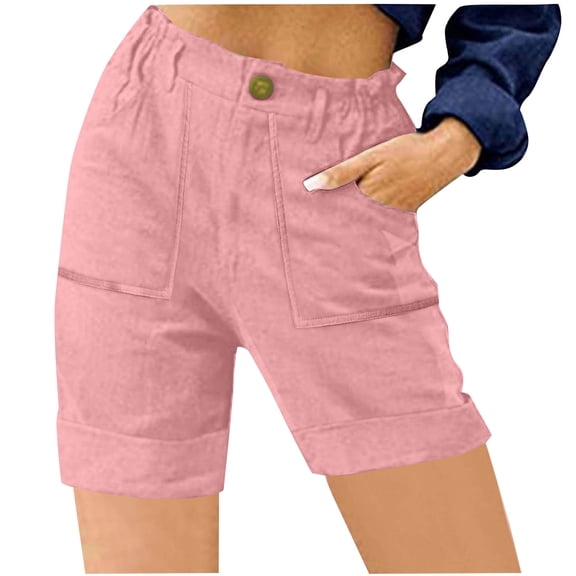 CQONEPT Shorts for Womens Leisure Loose Fit Short Pants with Pockets Trendy High Waist Buttons Streetwear Shorts Pink L