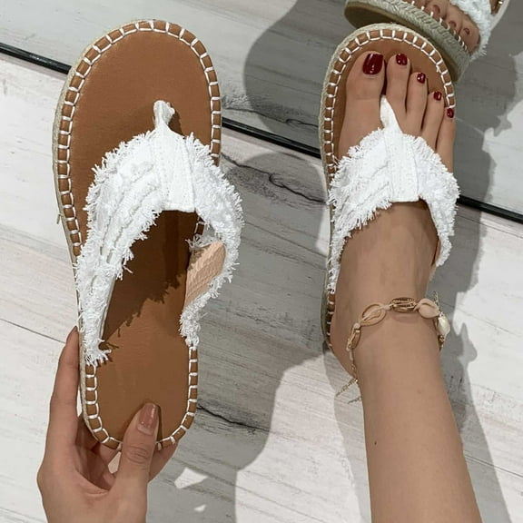 CQONEPT Slide Sandals for Women Thongs Flip-flops Dressy Slippers for Summer Flat Comfortable Women's Sandals 2025 Size 7.5 White