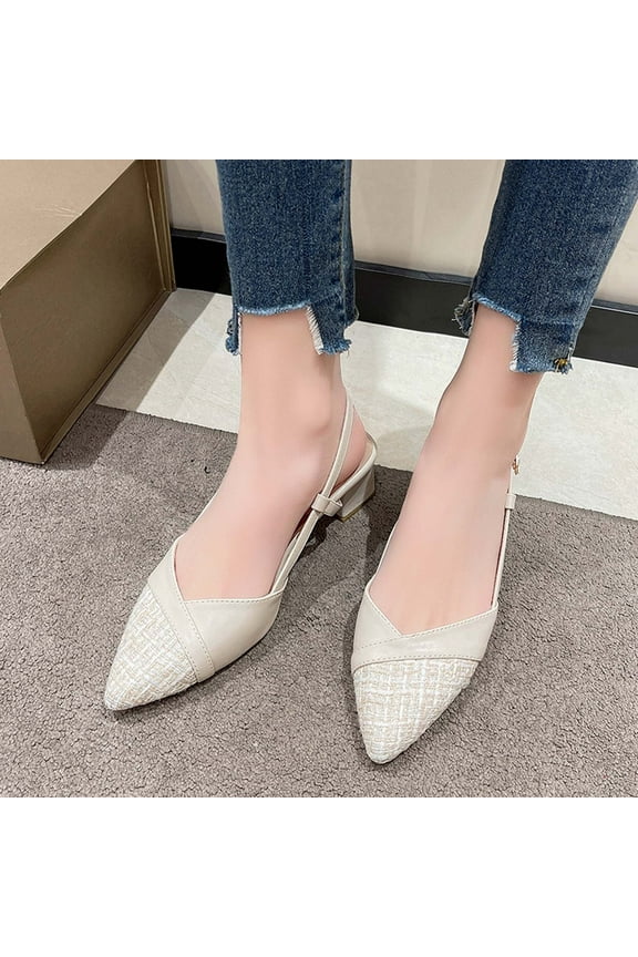 Slingback Kitten Heels for Women Pointed Toe Low Chunky Heels Slip On Pumps with Buckled Straps Dress Work Heeled Sandals Size 7.5 Beige