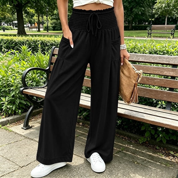 CQONEPT Smocked Waist Pants for Women Wide Leg Fall Casual Lounge Pant High Waisted Palazzo Ruffle Full Length Soft Trousers with Pocket Black 2XL