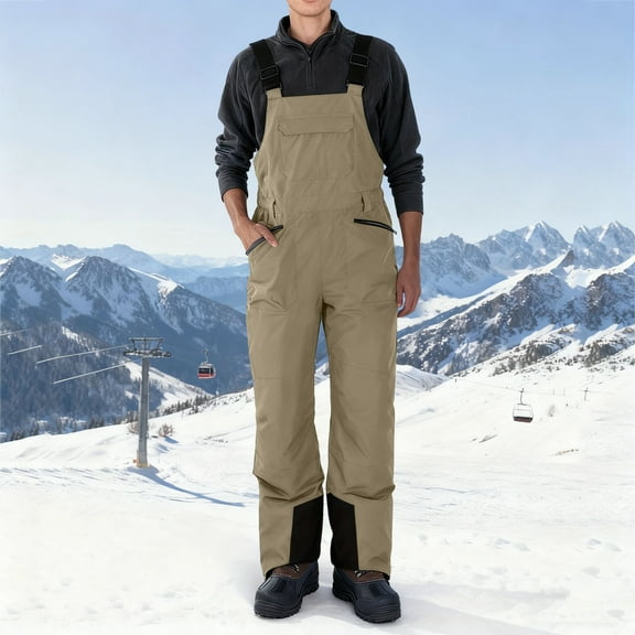 CQONEPT Snow Ski Jumpsuit for Mens Windproof Waterproof Insulated Romper Snowboarding Bib Overall with Zip Pockets Brown XL