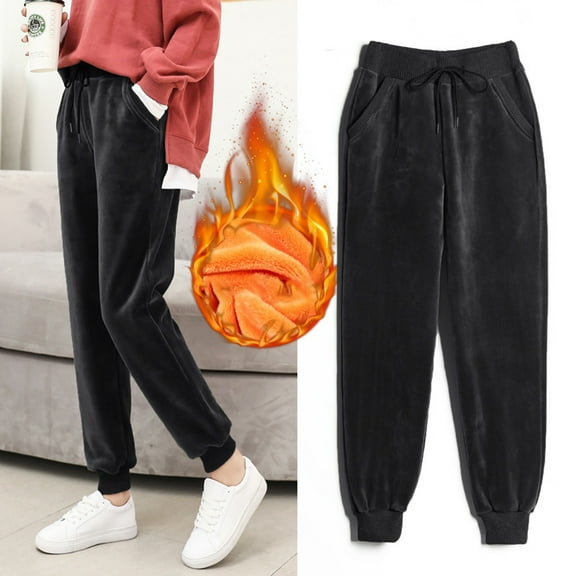 CQONEPT Soft Velour Sweatpants for Womens Fall Winter Sherpa Fleece Pant Casual Cozy Elastic Waisted Drawstring Jogger Pant Black L