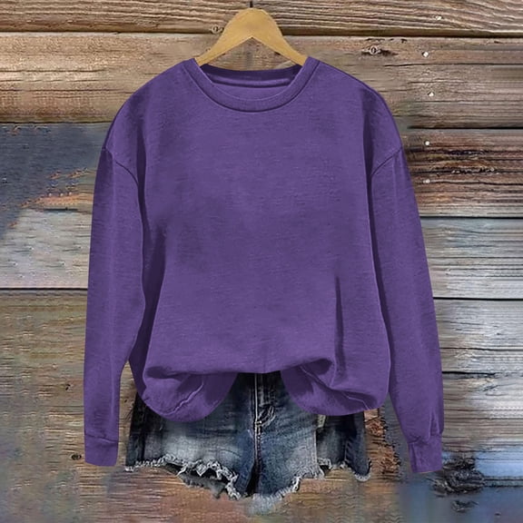 CQONEPT Solid Color Sweatshirts for Womens Crewneck Casual Pullover Tops Fall Fashion Tunic Tops Outdoor Clothes Purple S