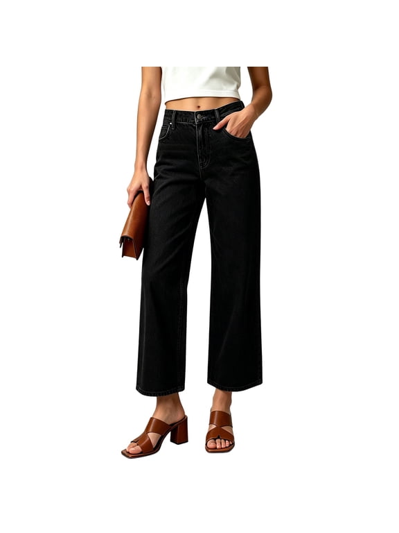 Straight Leg Jeans for Women High Waisted Stretchy Frayed Raw Hem Loose Denim Pants Casual Baggy Jean Trousers Black XS