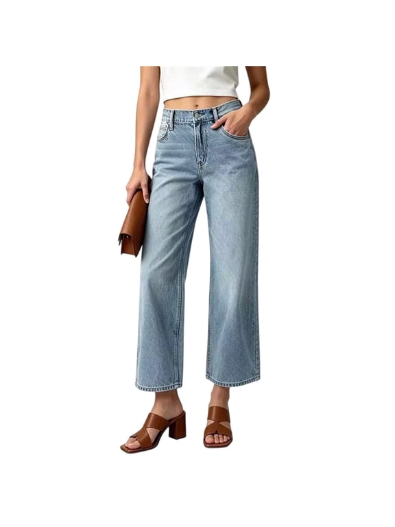 Straight Leg Jeans for Women High Waisted Stretchy Frayed Raw Hem Loose Denim Pants Casual Baggy Jean Trousers Light Blue 2XL