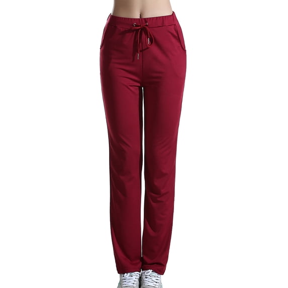 CQONEPT Straight Long Pants for Womens Drawstring Waist Petite Loose Yoga Pants Lightweight Activewear with Pockets Wine S