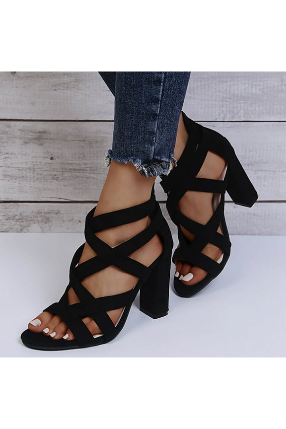 Strappy Sandal for Womens Dressy Chunky High Heel Sandal Strappy Open Toe Ankle Strap Dress Shoes Size 9 Black