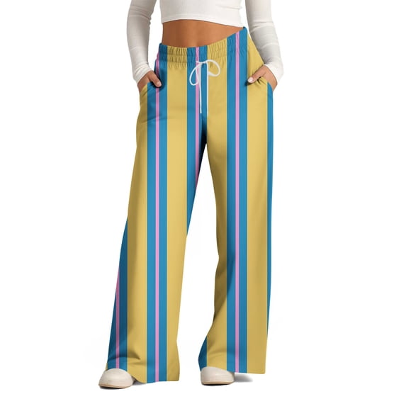 CQONEPT Stripe Pants for Womens Drawstring Elastic Waist Pants Wide Leg Trendy Streetwear Pants with Pockets Yellow 2XL