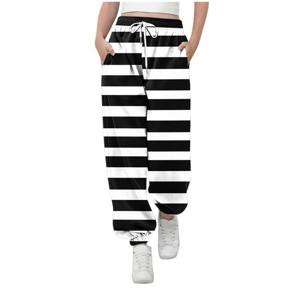 CQONEPT Stripe Sweatpants for Kids Girls Drawstring Tapered Pant Elastic Waist Color Block Jogger Pants with Pockets Black 5 Years