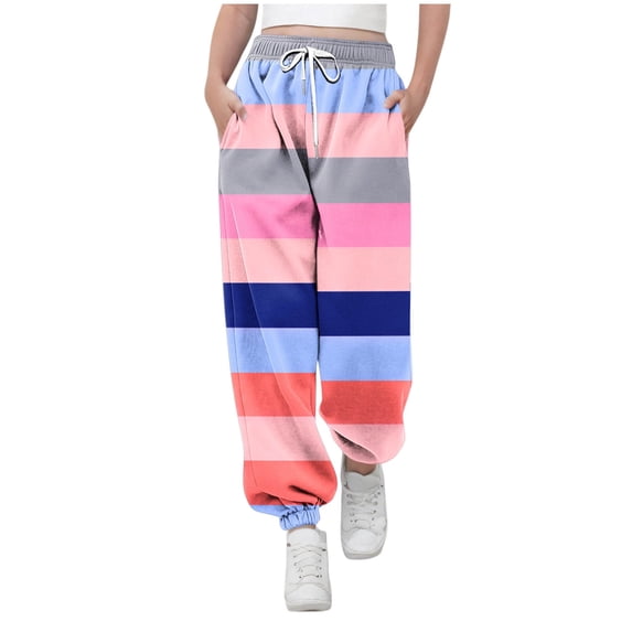 CQONEPT Stripe Sweatpants for Kids Girls Drawstring Tapered Pant Elastic Waist Color Block Jogger Pants with Pockets Blue 5 Years