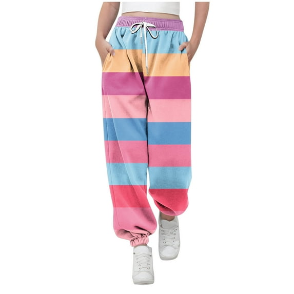 CQONEPT Stripe Sweatpants for Kids Girls Drawstring Tapered Pant Elastic Waist Color Block Jogger Pants with Pockets Pink 3 Years
