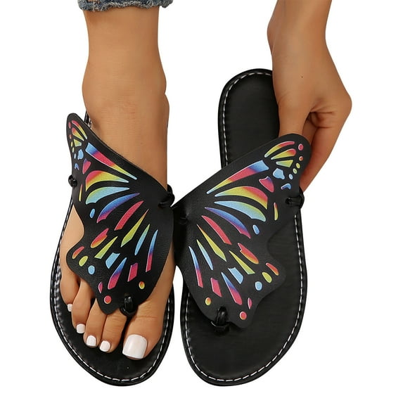 CQONEPT Summer Flat Slide Sandals For Womens Butterfly Platform Low Heel Comfy Nonslip Casual Beach Sandals Size 6 Black
