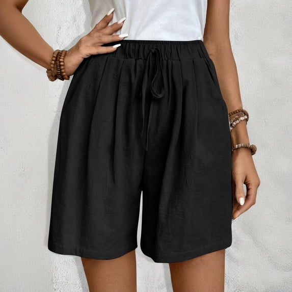 CQONEPT Summer Shorts for Womens Leisure Loose Fit Short Linen Pants Drawstring Lightweight Summer Beach Shorts Black M