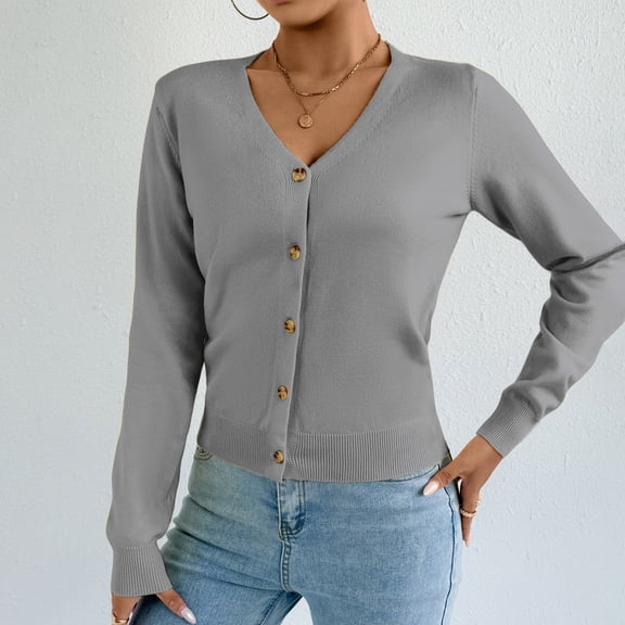 CQONEPT Sweaters Cardigans for Womens Button Down Tunic Tops V Neck Long Sleeve Tshirt Fall Winter Outfit Clothes Gray M