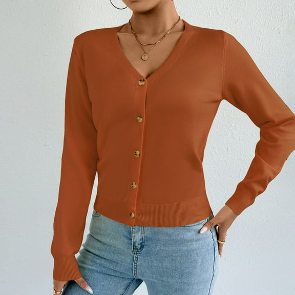 CQONEPT Sweaters Cardigans for Womens Button Down Tunic Tops V Neck Long Sleeve Tshirt Fall Winter Outfit Clothes Orange S