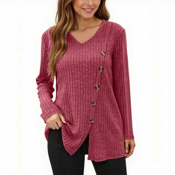 CQONEPT Sweaters for Women V Neck Button Long Sleeve Blouse Ribbed Side Slit Fashion Pullover Lounge Winter Shirts Red XXL