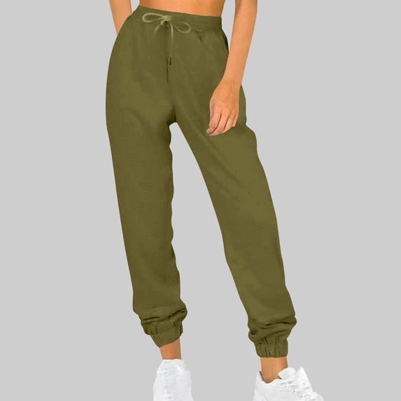 CQONEPT Sweatpants for Womens Fleece Lined Elastic Waisted Tapered Pants Drawstring Warm Fall Winter Trousers with Pockets Army Green L