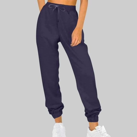 CQONEPT Sweatpants for Womens Fleece Lined Elastic Waisted Tapered Pants Drawstring Warm Fall Winter Trousers with Pockets Dark Blue S