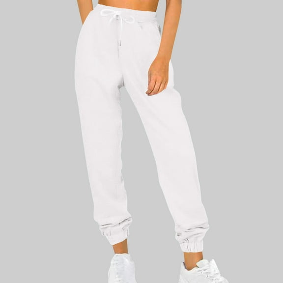 CQONEPT Sweatpants for Womens Fleece Lined Elastic Waisted Tapered Pants Drawstring Warm Fall Winter Trousers with Pockets White XL