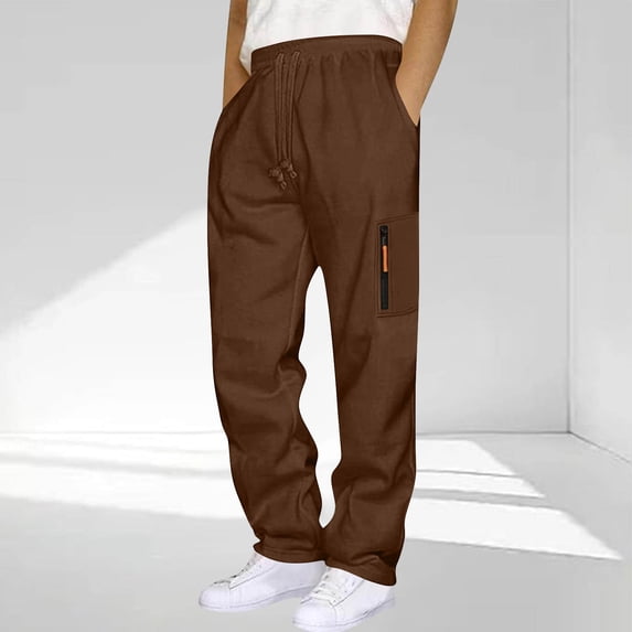 CQONEPT Sweatpants with Zip Pockets for Mens Lerisure Fleece Jogger Pant Elastic Waist Drawstring Workouts Pants Brown M