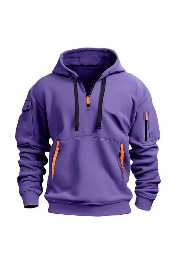 Sweatshirts for Mens Military Heavyweight Cargo Hoodies Lounge Workouts Pullover Tops Winter Hooded with Pockets Purple L