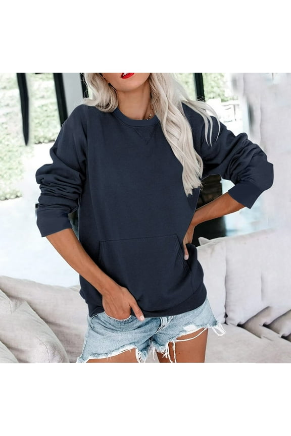 Sweatshirts for Womens Lounge Trendy Pullover Tops Fleece Lined Clothes Going Out Solid Tunic Tops with Pockets Navy M
