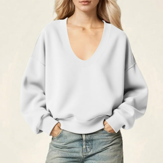 CQONEPT Sweatshirts for Womens Scoop Neck Casual Pullover Tops Fall Fashion Clothes Loose Long Outdoor Shirts White L