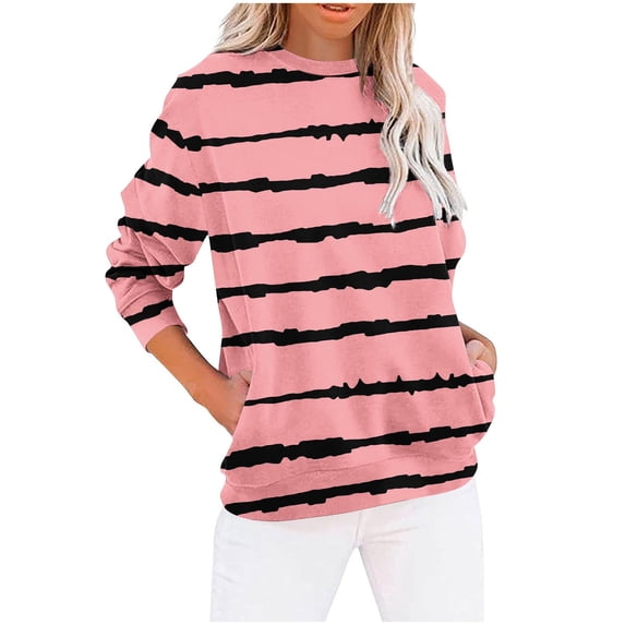 CQONEPT Sweatshirts for Womens Stripe Crewneck Long Sleeve Shirts Casual Trendy Outdoor Tunic Tops Pink M