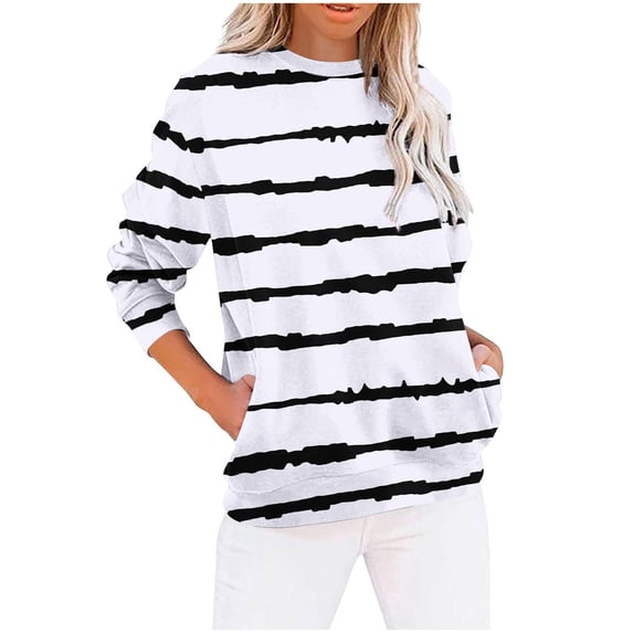 CQONEPT Sweatshirts for Womens Stripe Crewneck Long Sleeve Shirts Casual Trendy Outdoor Tunic Tops White M