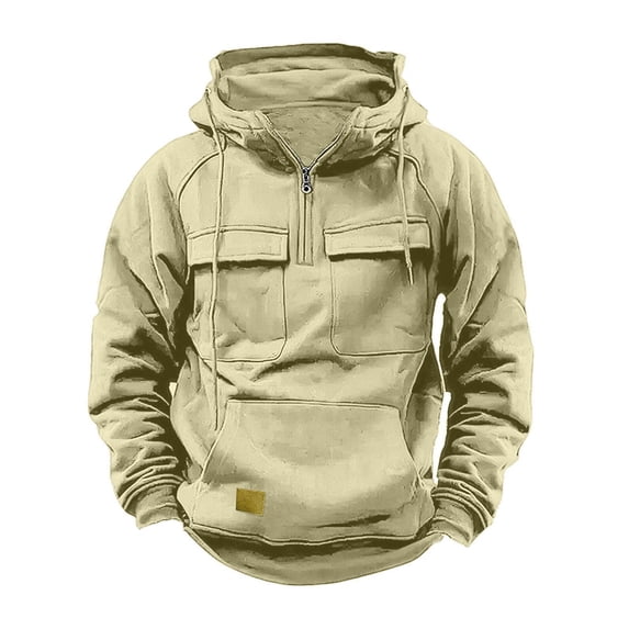 CQONEPT Tactical Sweatshirts for Mens 1/4 Zip Drawstring Pullover Fleece Casual Clothes with Multi Pockets Beige M