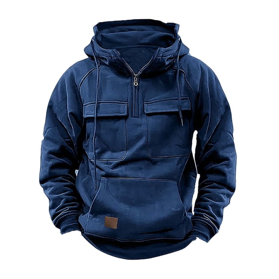CQONEPT Tactical Sweatshirts for Mens 1/4 Zip Drawstring Pullover Fleece Casual Clothes with Multi Pockets Dark Blue M