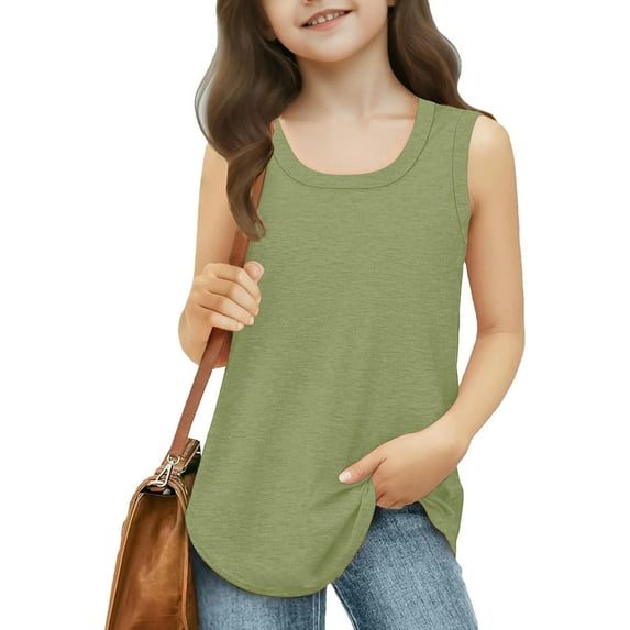 CQONEPT Tank Tops for Girls Kids Summer Casual Cute Sleeveless Crewneck Shirt Loose Fit Trendy Blouse Tee Green 13 Years