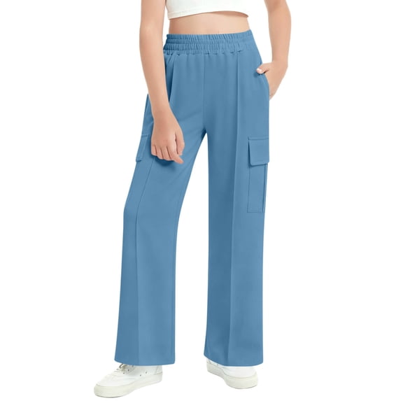 CQONEPT Teen Boys Cargo Pants Running Sports Jogger Pant Elastic Waist Activewear Wide Leg Pant with Multi Pockets Light Blue 6-7Years