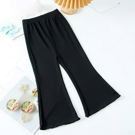 CQONEPT Teen Girl's Flared Pants Ice Silk Elastic Waist Yoga Pants Casual Baggy Workouts Pants for Girls Black 2 Years