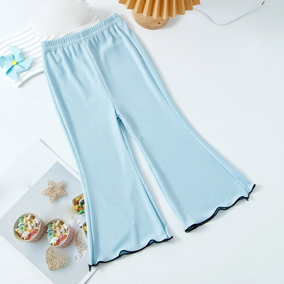 CQONEPT Teen Girl's Flared Pants Ice Silk Elastic Waist Yoga Pants Casual Baggy Workouts Pants for Girls Blue 5 Years