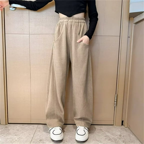 CQONEPT Teen Girls Corduroy Pants Elastic Waist Straight Leg Jogger Pant Athletic Fashion Pant with Pockets Khaki 11 Years
