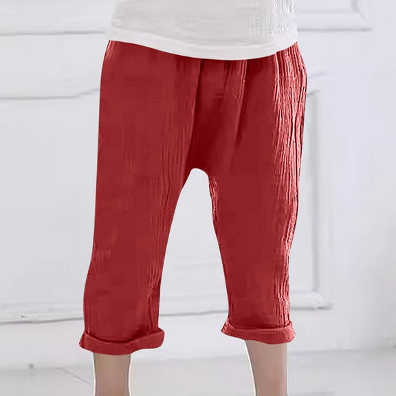 CQONEPT Teen Girls Cotton Linen Pants Baggy Casual Jogger Pant Lightweight Outdoor Athletic Running Trousers Wine 2-3 Years