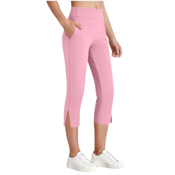 CQONEPT Teen Girls Cropped Pant with Pockets Skinny Leg Side Split Pant High Waisted Capris Casual Solid Trousers for 5-15 Years Pink 12-13Years