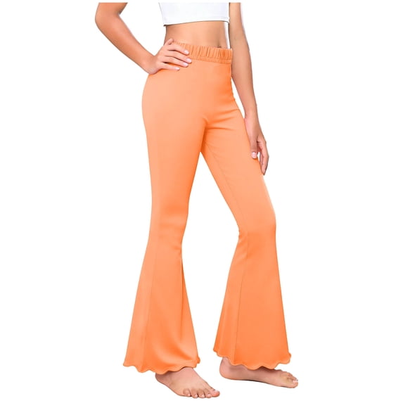 CQONEPT Teen Girls Elasticity Flared Pant High Waisted Dressy Bell Bottom School Uniform Pant Solid Yoga Leggings Orange 13 Years