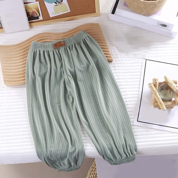 CQONEPT Teen Girls Ice Silk Pants Cozy Soft Mosquito Tapered Pant Lightweight Elastic Waist Athletic Trousers Green 7-8Years