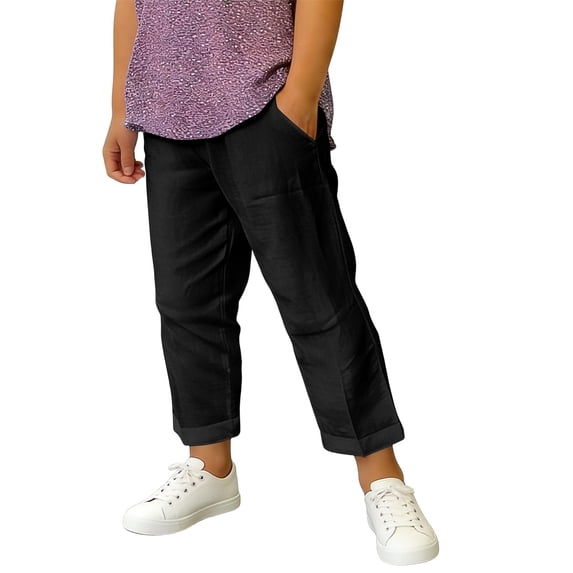 CQONEPT Teen Girls Linen Carpi Pants Wide Leg Summer Elastic Waist Baggy Cropped Trousers Beach Comfy Pants with Pockets Black 170