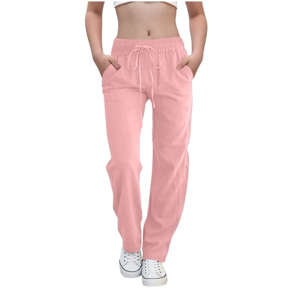 CQONEPT Teen Girls Linen Cotton Pants with Pockets Drawstring Elastic Waist Pant Palazzo Streetwear Outdoor Pants Pink 170