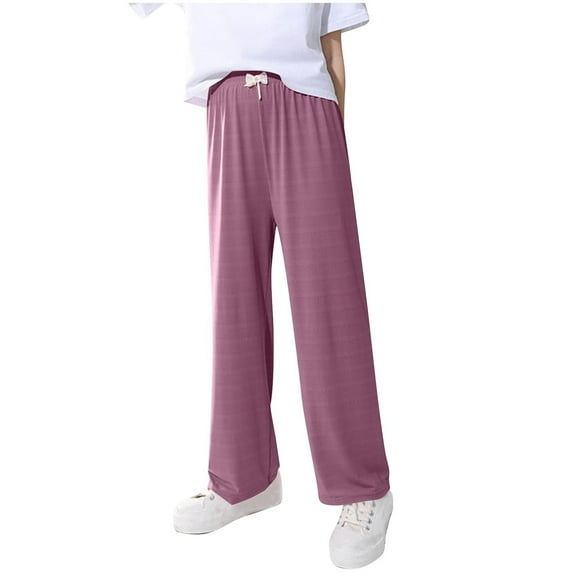 CQONEPT Teen Girls Pant Straight Leg Drawstring Elastic Waist Pant Casual Flowy Activewear Fashion Trousers Pink 12 Years