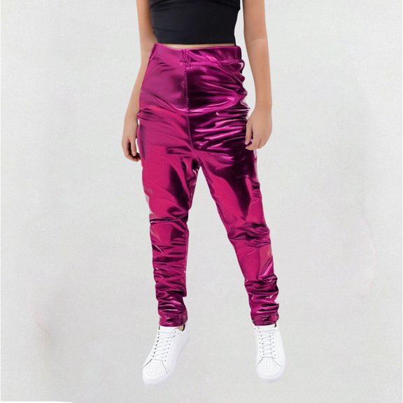 CQONEPT Teen Girls Sequin Loose Elastic Waist Dance Pants Shiny Sparkly Strech Trousers Running Workout Tights Hot Pink 3 Years