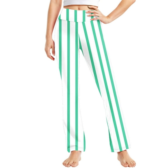 CQONEPT Teen Girls Striped Pants Straight Leg Casual Sleepwear Pj Pants High Waist Comfortable Home Pants Green 2 Years