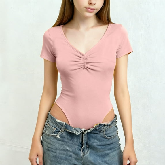 CQONEPT Teens Girls Leotard Ballet V Neck Short Sleeve Gym Dance Soft Trendy Stretchy Bodysuit Tops Watermelon Red 14-15Years